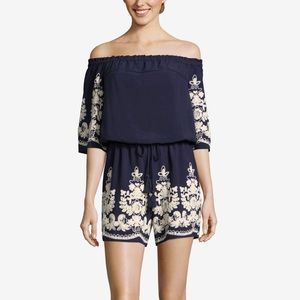 ECI Navy Strapless Romper w/ White Floral Design
